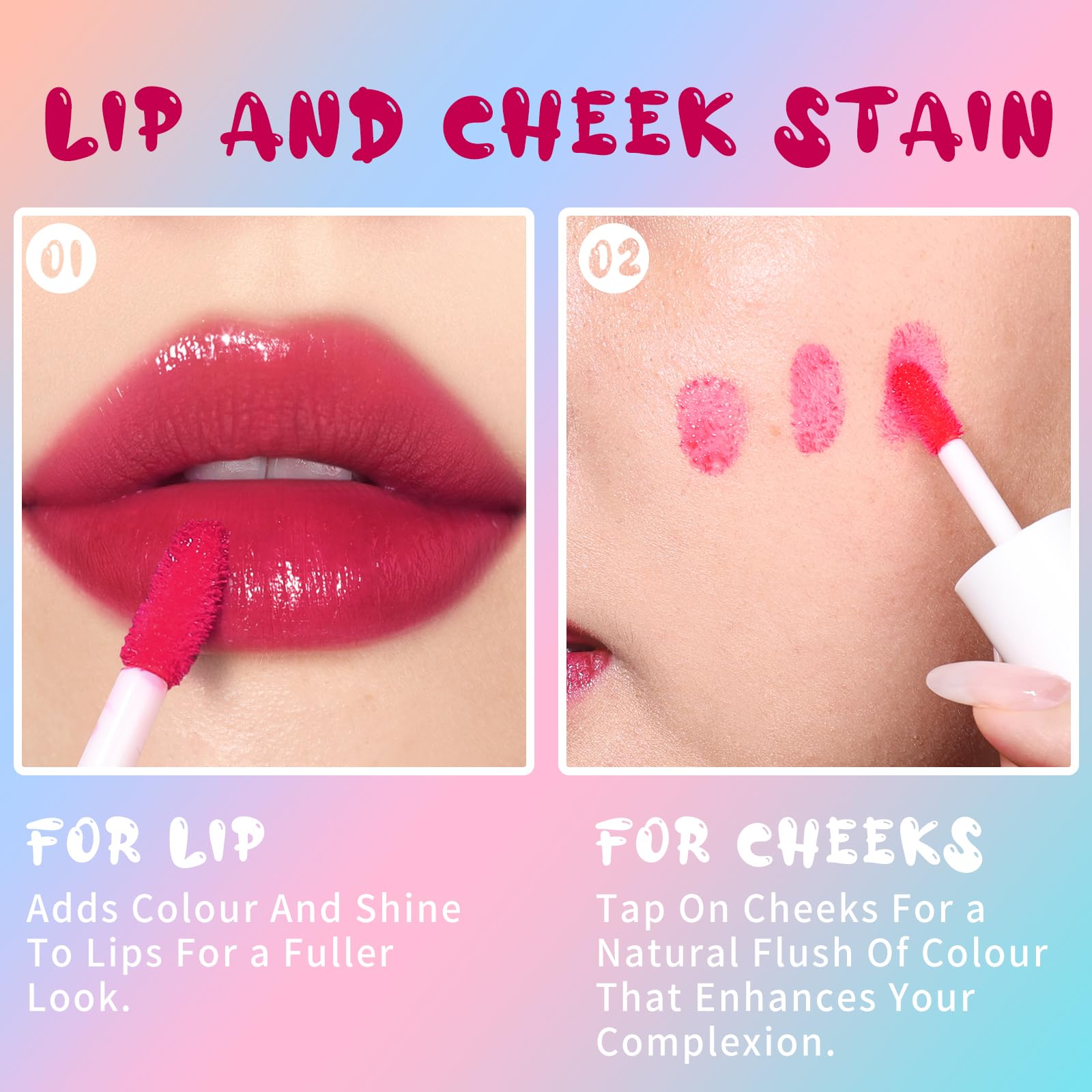 Bayfree Lip Tint Stain works on lips and cheeks for cohesive look.