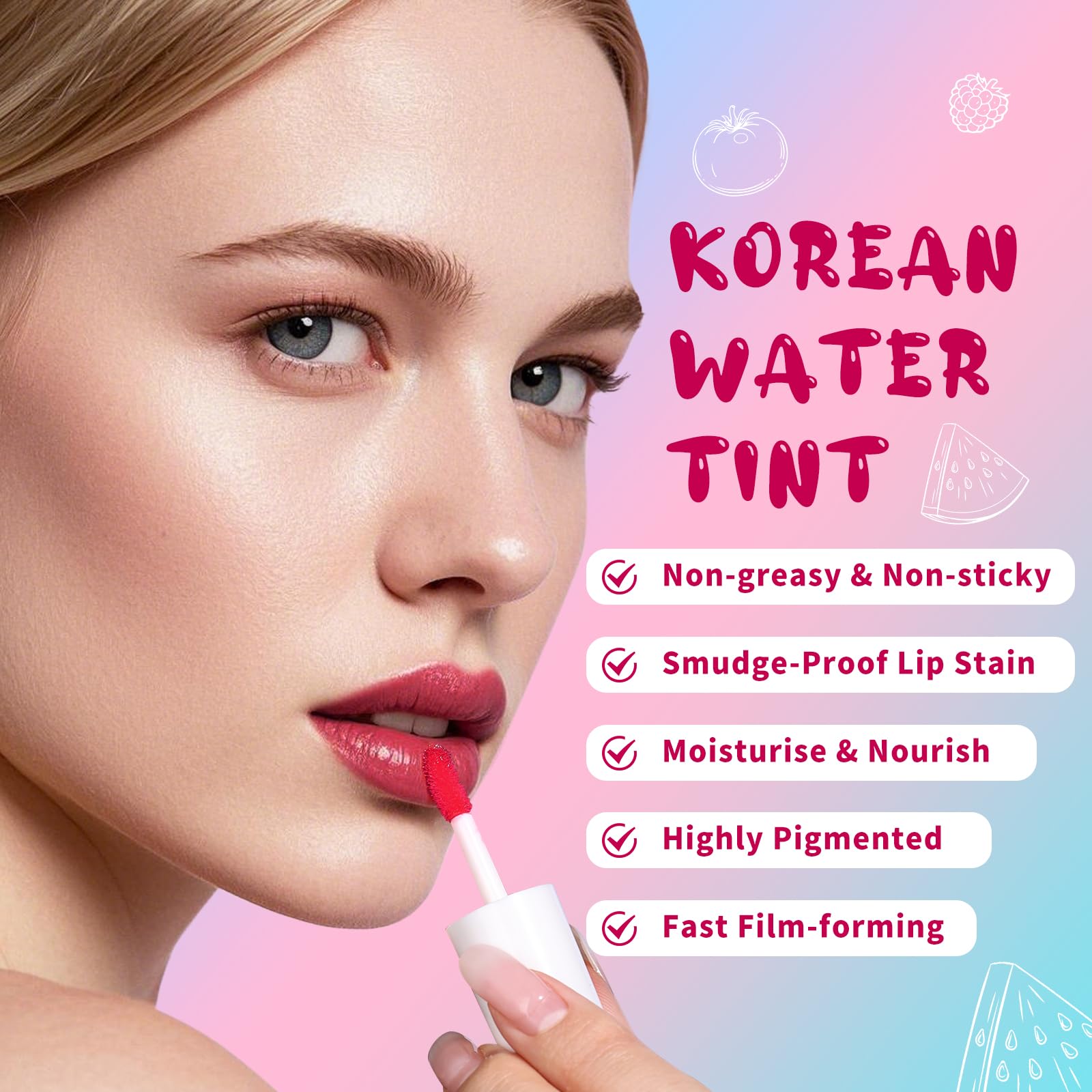 Bayfree Lip Tint Stain shade swatches show vibrant, lightweight color.