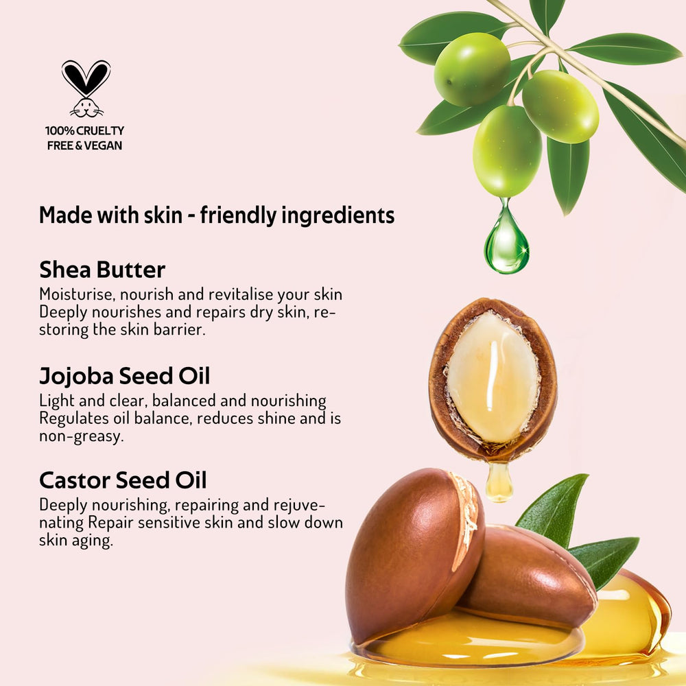 Bayfree vegan formula close-up highlights jojoba oil and shea butter benefits for skin.