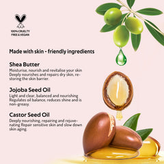 Bayfree vegan formula close-up highlights jojoba oil and shea butter benefits for skin.