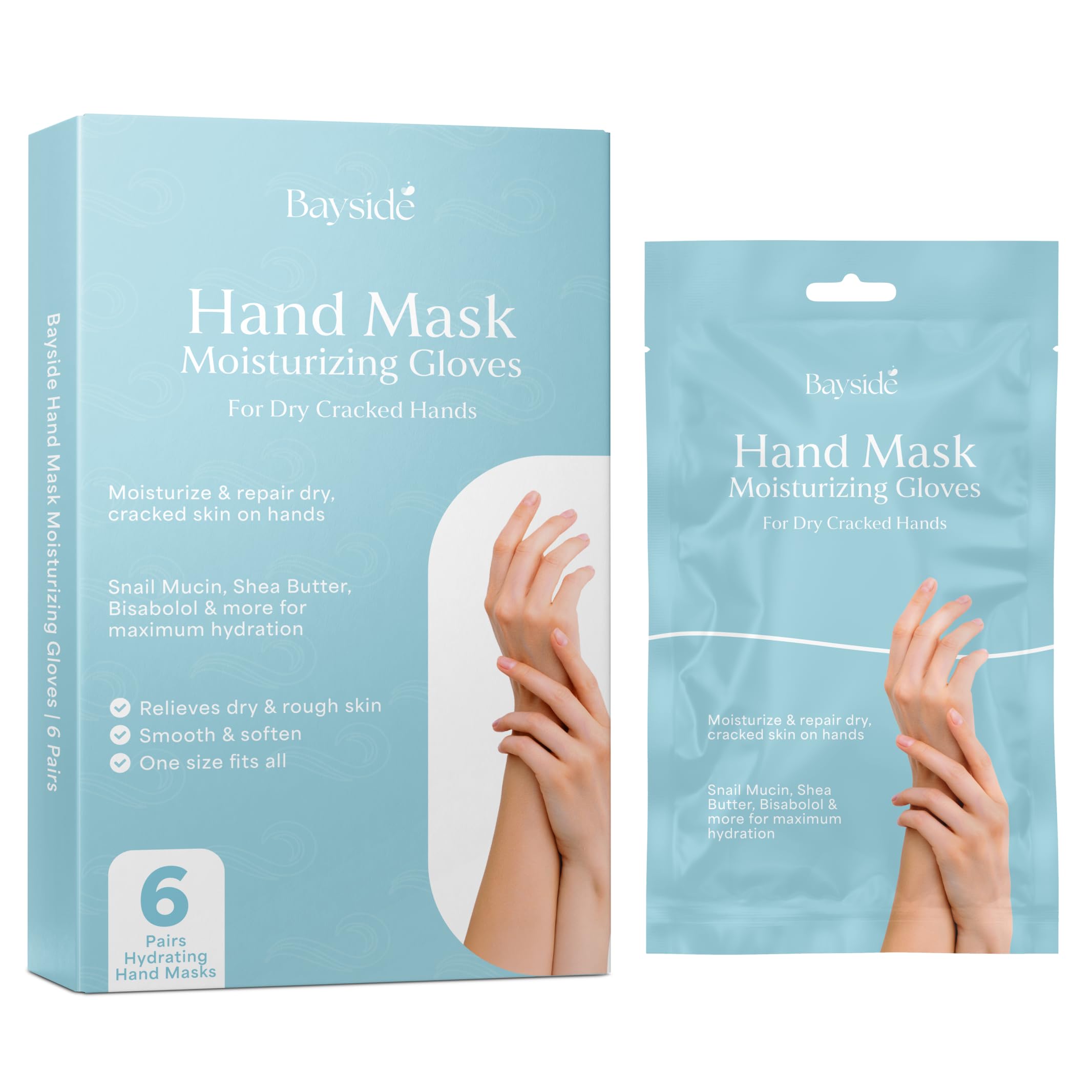 Bayside Hand Mask Moisturizing Gloves cover hands for deep hydration and softness.