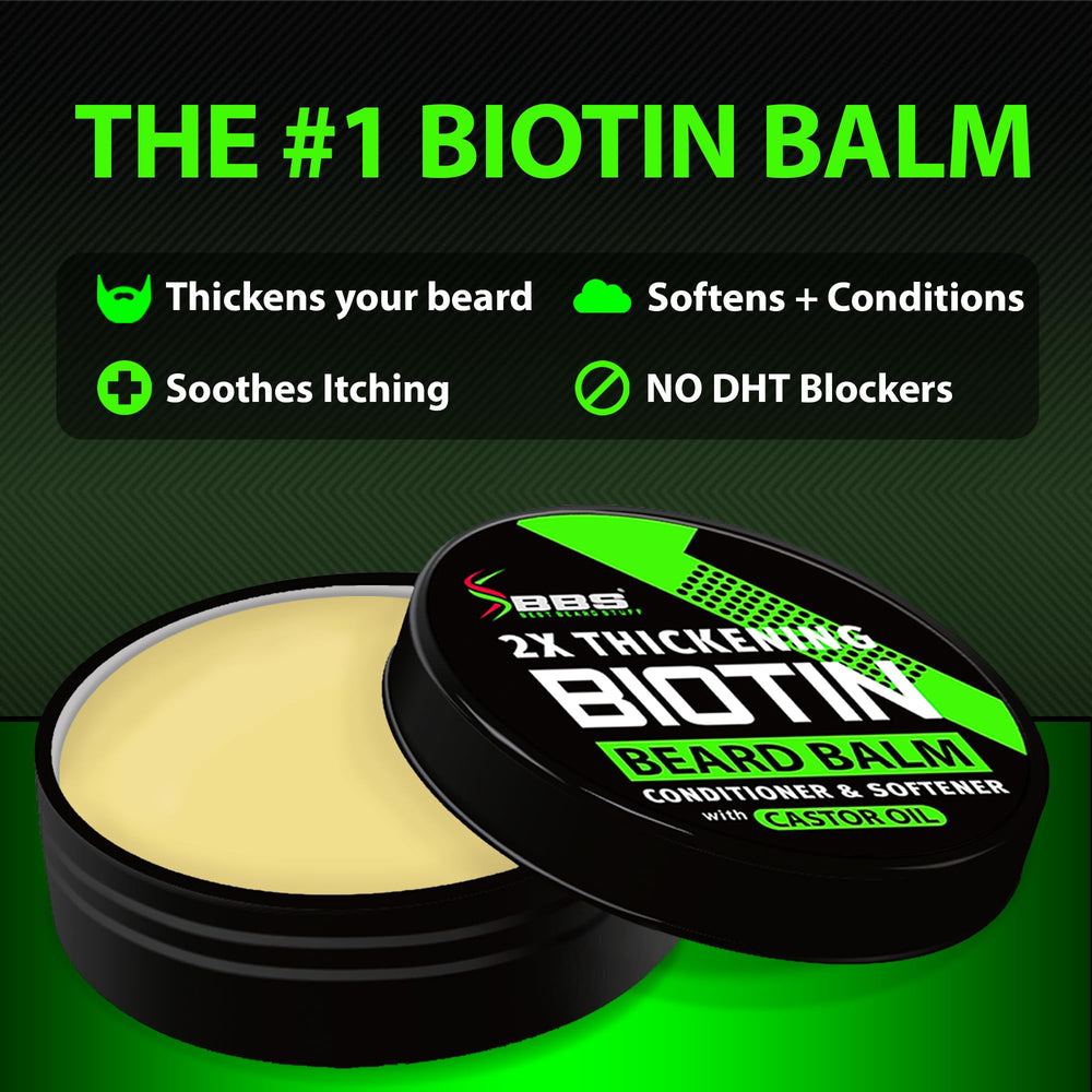 Biotin beard balm jar from BBS Best Beard Stuff for styling and conditioning.