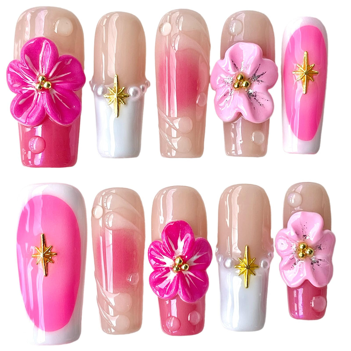 BByogooz pink Sakura 3D nails closeup highlighting delicate blossoms and a glossy finish