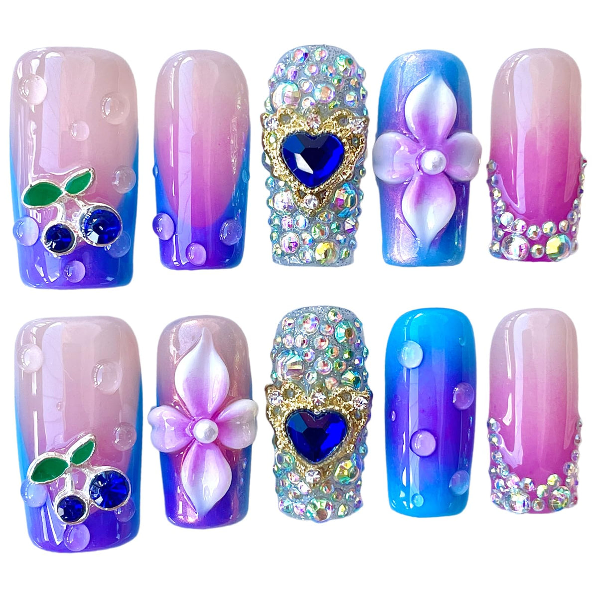 BByogooz nails in pink-blue ombre with 3D flowers and rhinestones for glamorous at-home manicures