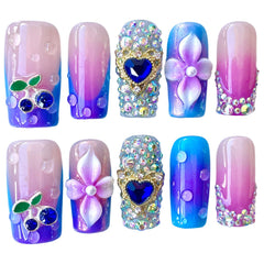 BByogooz nails in pink-blue ombre with 3D flowers and rhinestones for glamorous at-home manicures