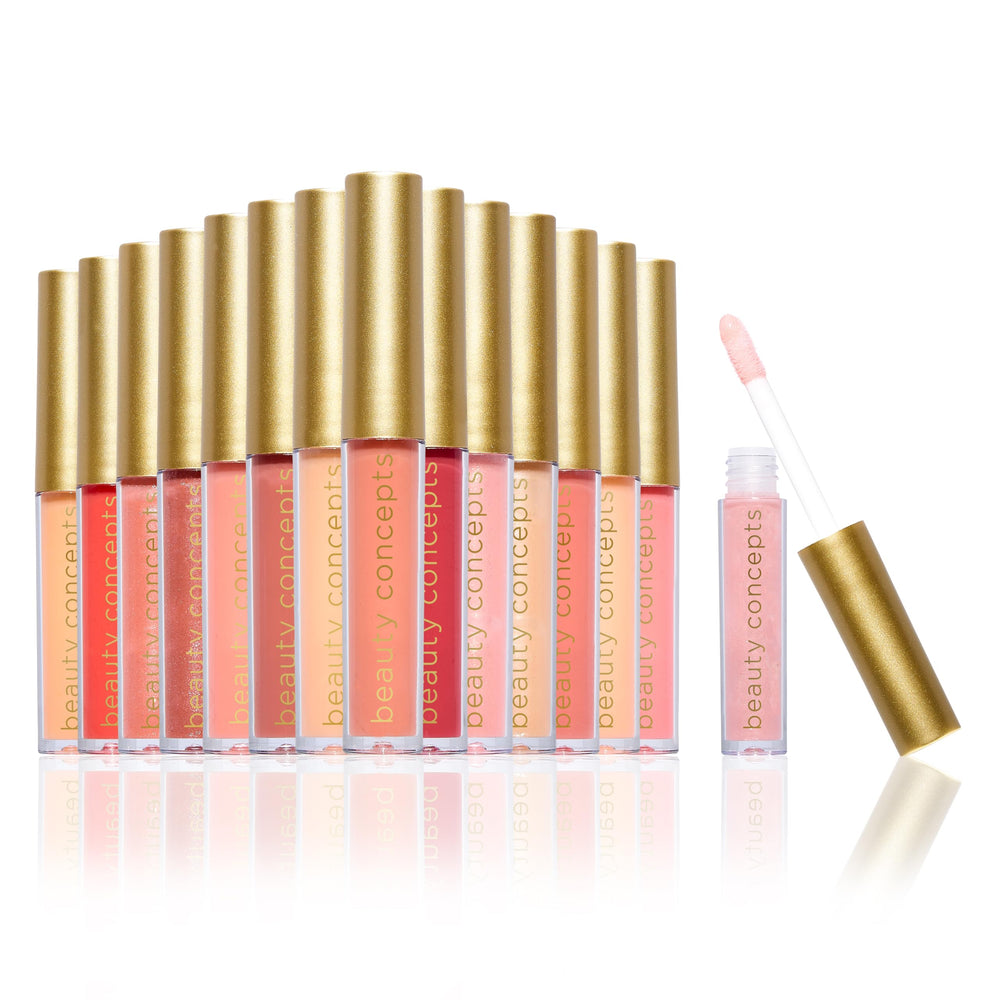 BC Beauty Concepts lip gloss tubes in pink ornaments for a lush, non-sticky shine.