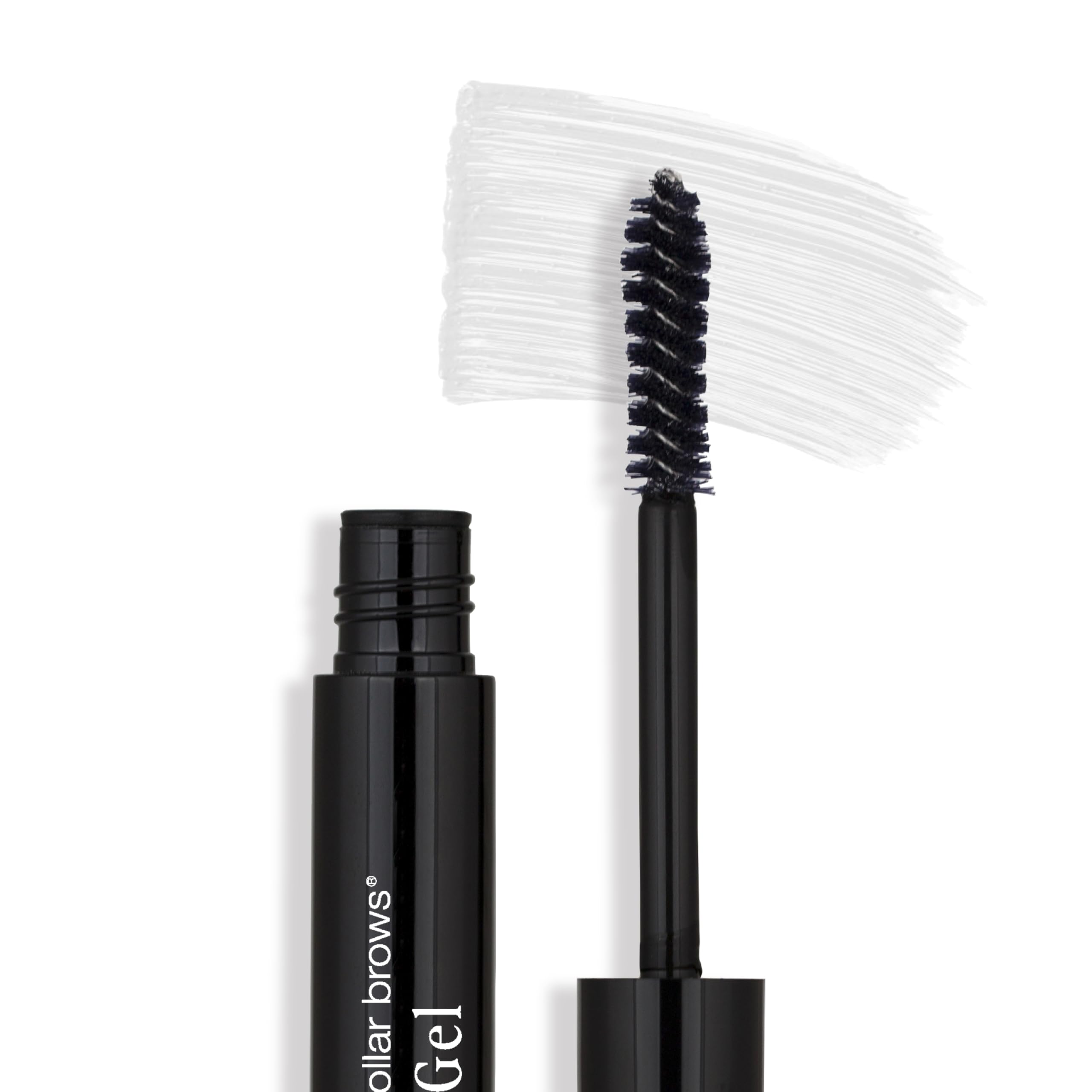 Billion Dollar Brows clear gel bottle with wand offers flexible, waterproof hold.