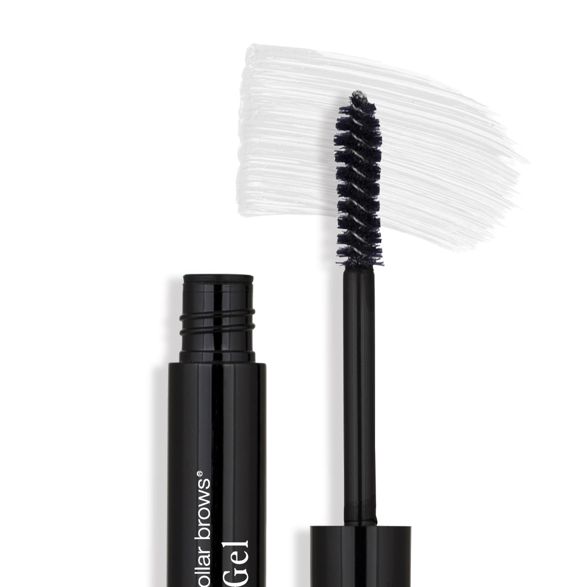 Billion Dollar Brows clear gel bottle with wand offers flexible, waterproof hold.