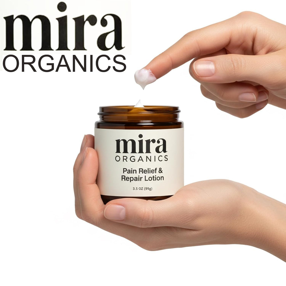 BDQBDQ Mira Organics Pain Relief Cream application on skin offers soothing relief.