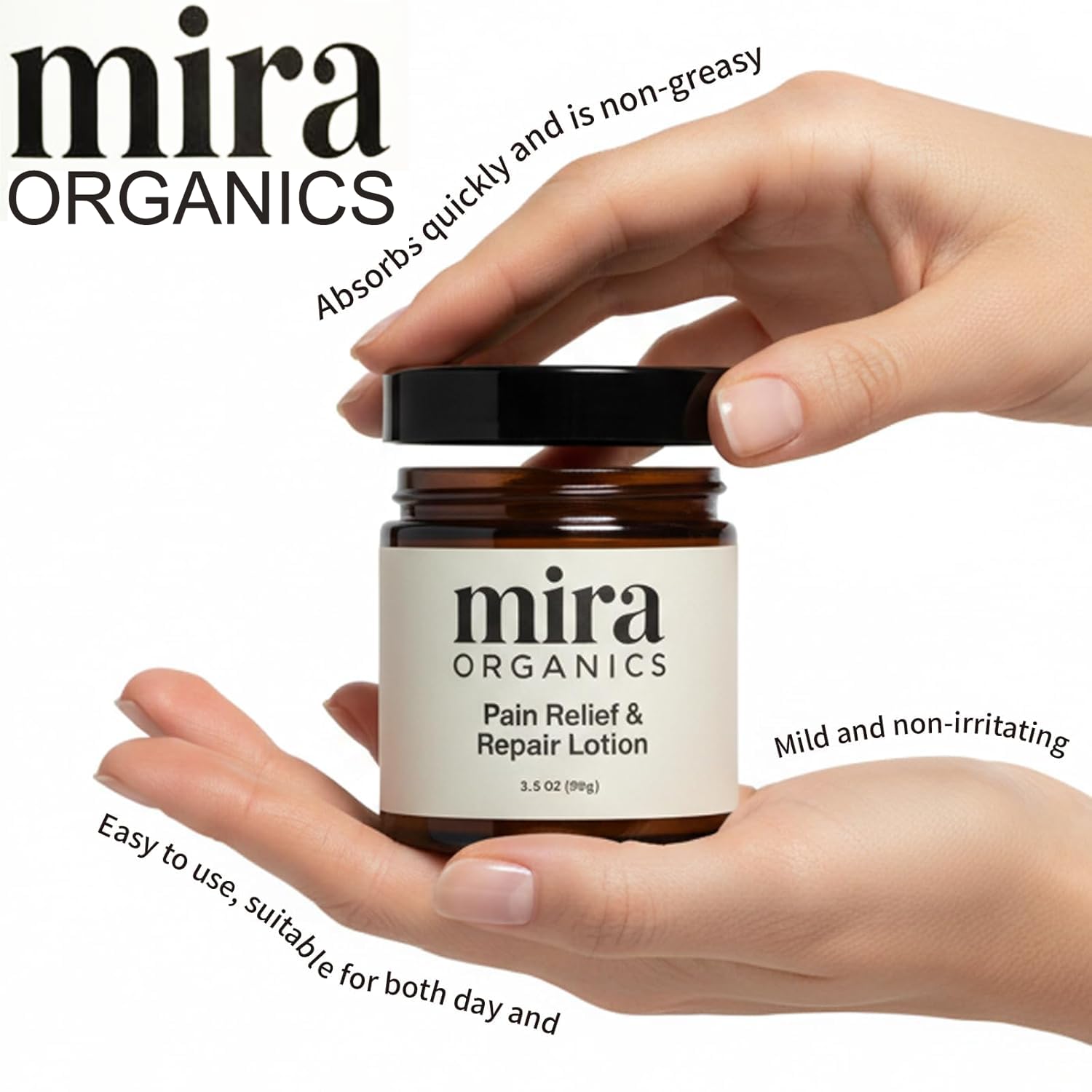 BDQBDQ Mira Organics Pain Relief Cream pump enables easy, mess-free application.