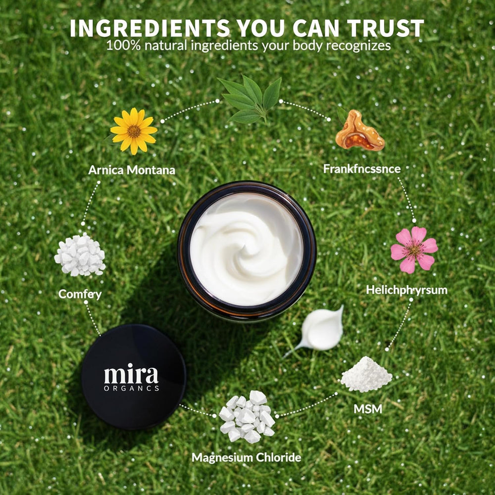 BDQBDQ Mira Organics Pain Relief Cream texture swirl shows lightweight feel.