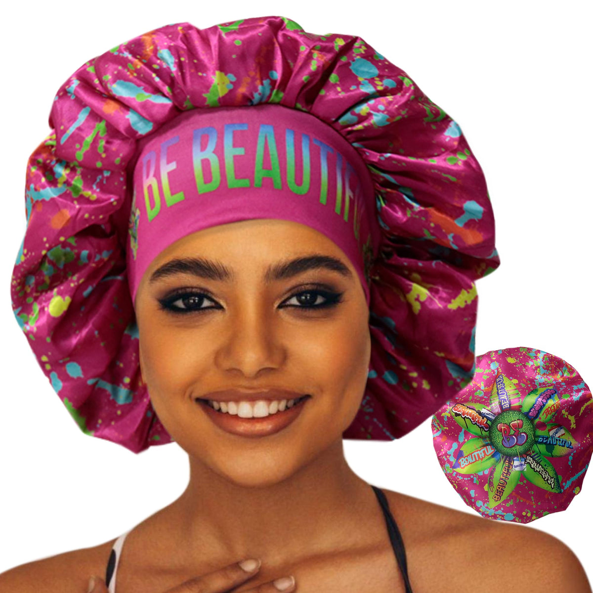 BE BEAUTIFUL EXTENSIONS pink reversible bonnet front view for gentle hair protection.