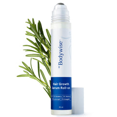 Be Bodywise rosemary hair growth serum roll-on bottle shown for targeted scalp care.