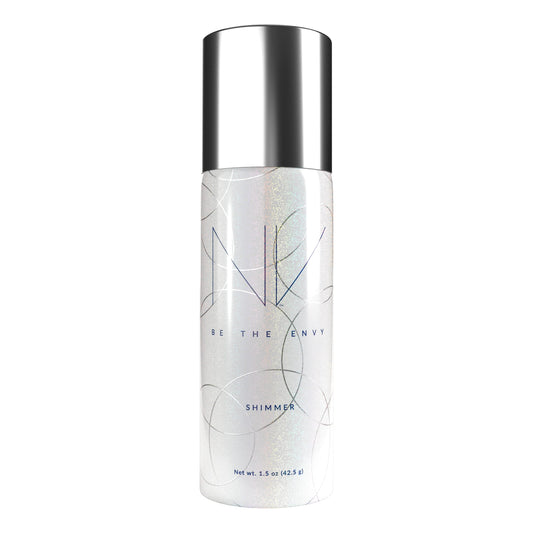 BE THE ENVY NV Perfecting Mist Shimmer bottle close-up highlighting a pearl glow for subtle radiance.