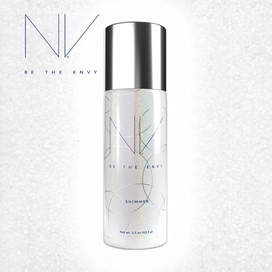 BE THE ENVY NV Perfecting Mist Shimmer packaging with plant-based ingredients close-up.