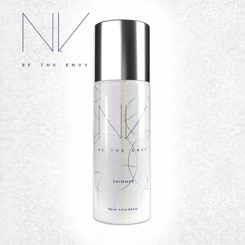 BE THE ENVY NV Perfecting Mist Shimmer packaging with plant-based ingredients close-up.
