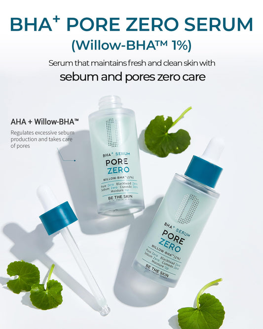 Closeup of BE THE SKIN Pore Zero Serum ingredients with willow bark and cica.