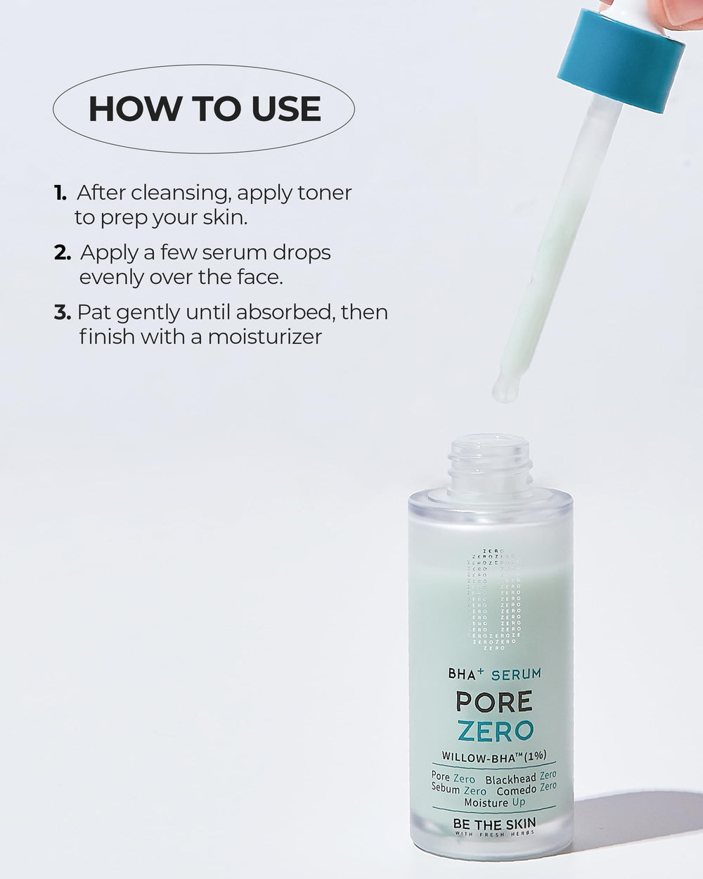 Vegan cruelty-free BE THE SKIN Pore Zero Serum in clean formula imagery.