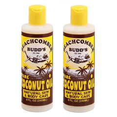 Beachcomber Budd's pure coconut oil bottle, scented, for moisturizing skin and smoothing dry hair.