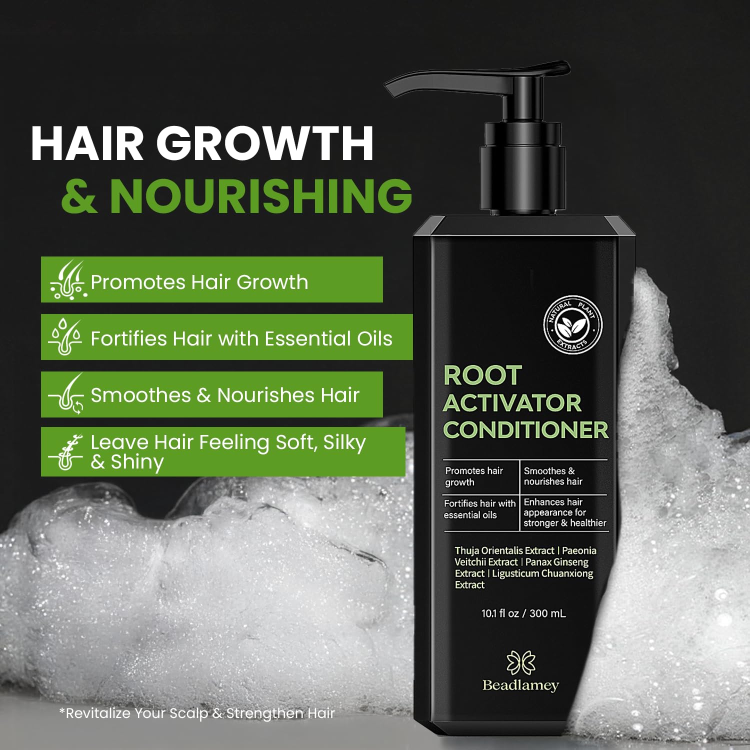Beadlamey Root Activator Conditioner close-up shows premium bottle and strong hair potential