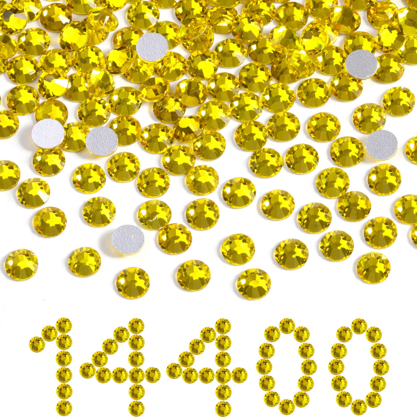 Beadsland flatback rhinestones bulk 14,400 pieces with citrine yellow sparkle for nails and crafts.