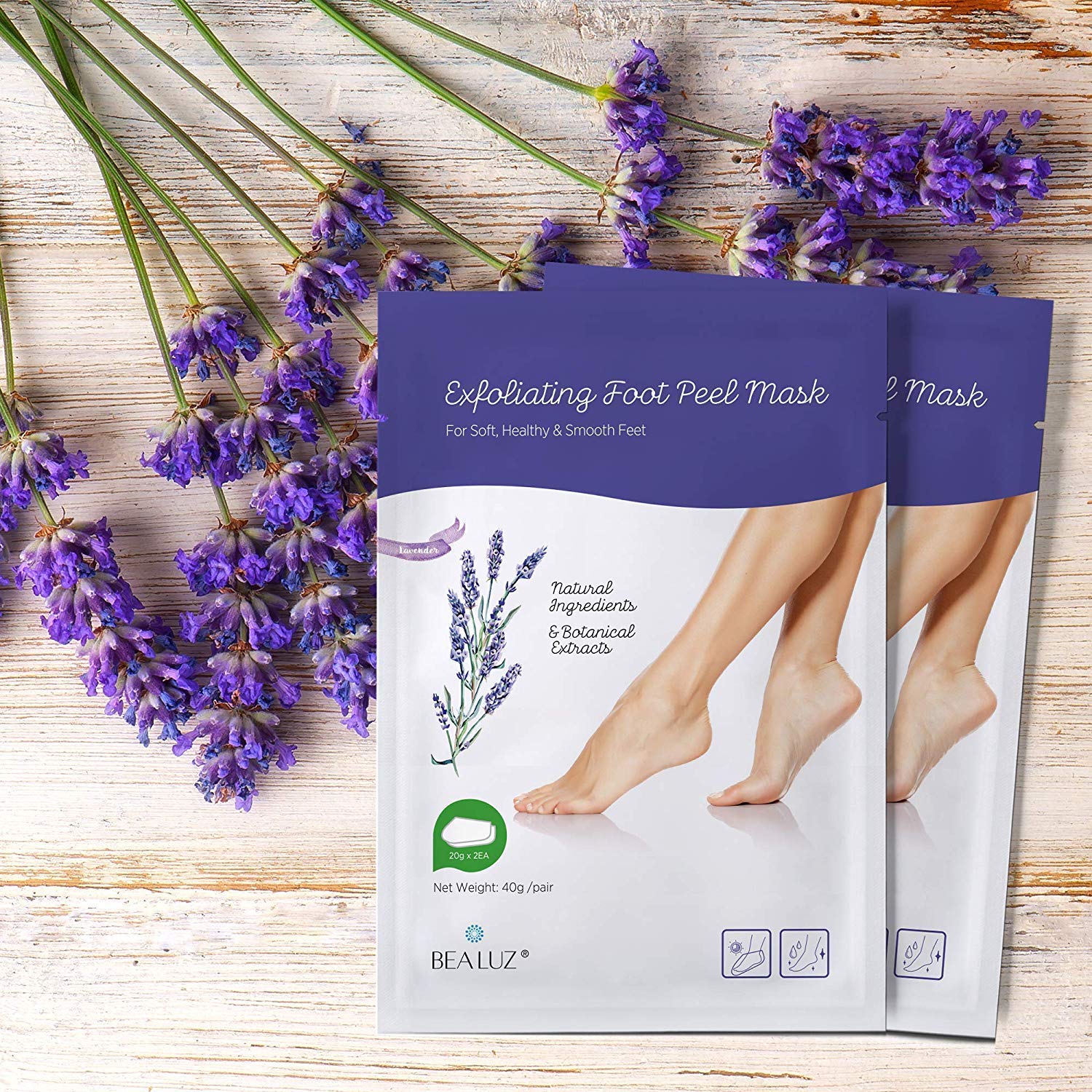 Bealuz exfoliating booties worn on feet during treatment.