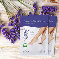 Bealuz exfoliating booties worn on feet during treatment.
