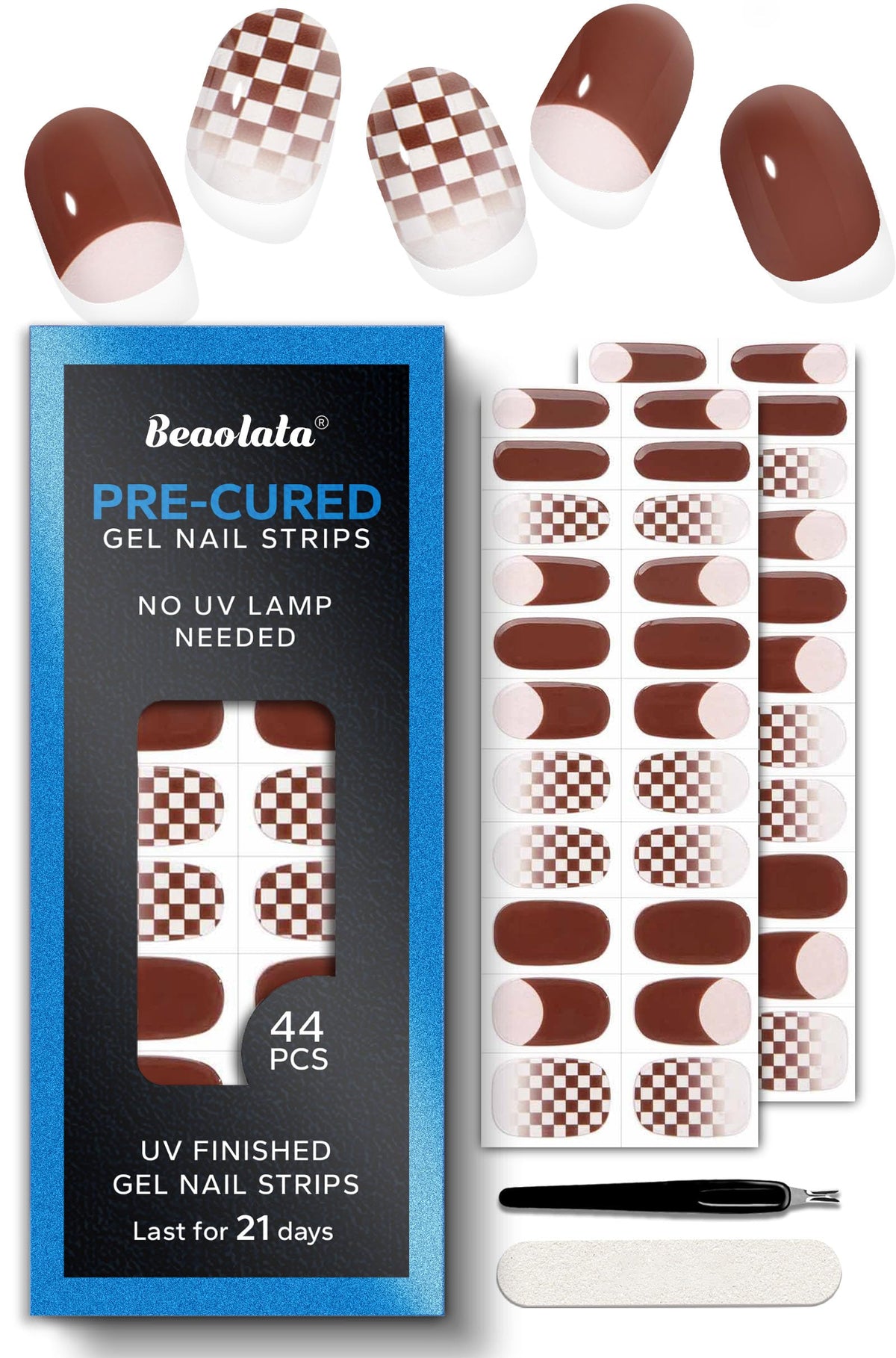 Beaolata Chestnut Brown pre-cured gel nail strips pack showing color and finish.