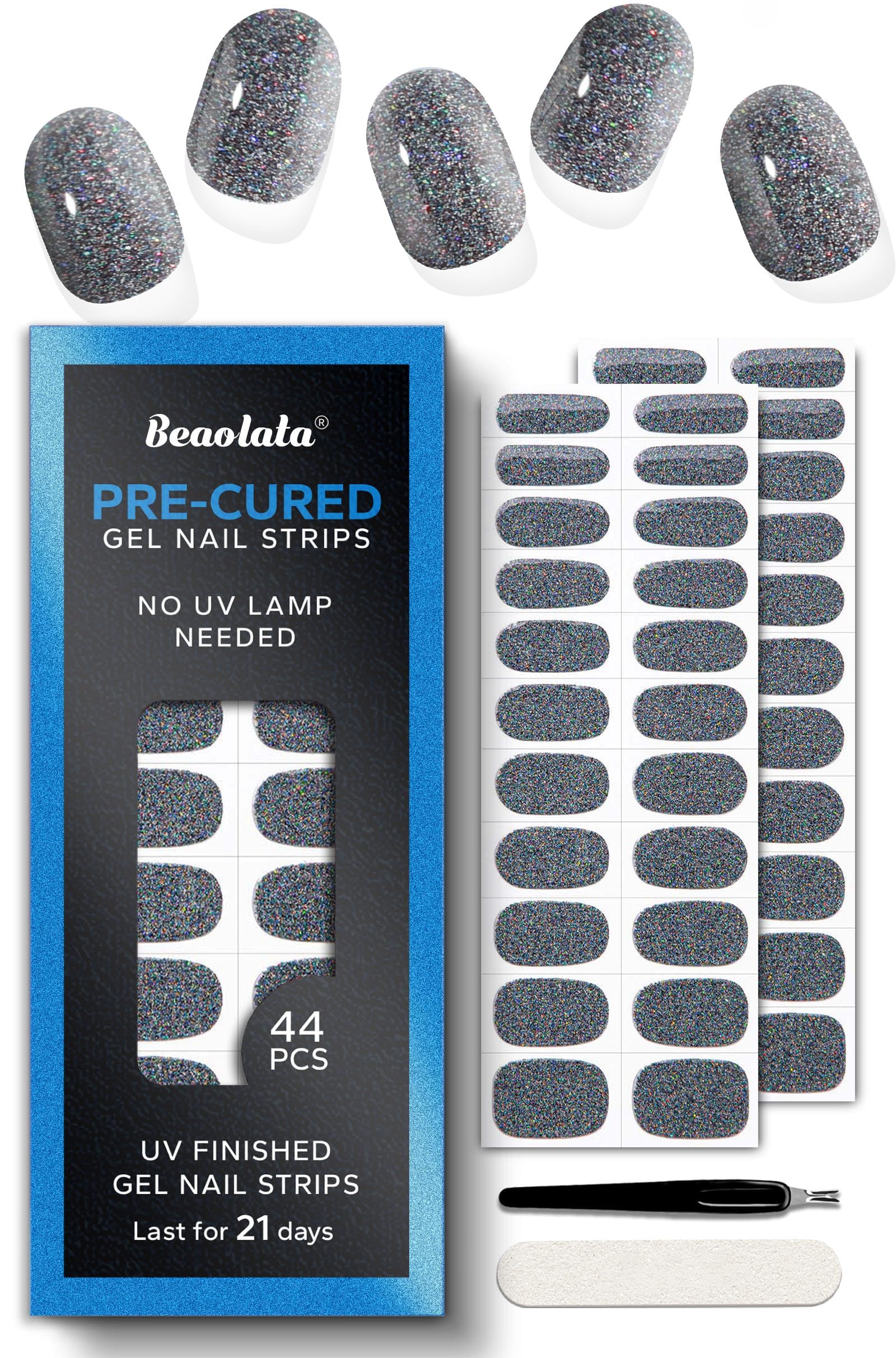 Beaolata Cool Silver pre-cured gel nail strips for a glossy salon look.