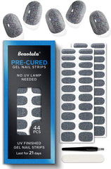 Beaolata Cool Silver pre-cured gel nail strips for a glossy salon look.