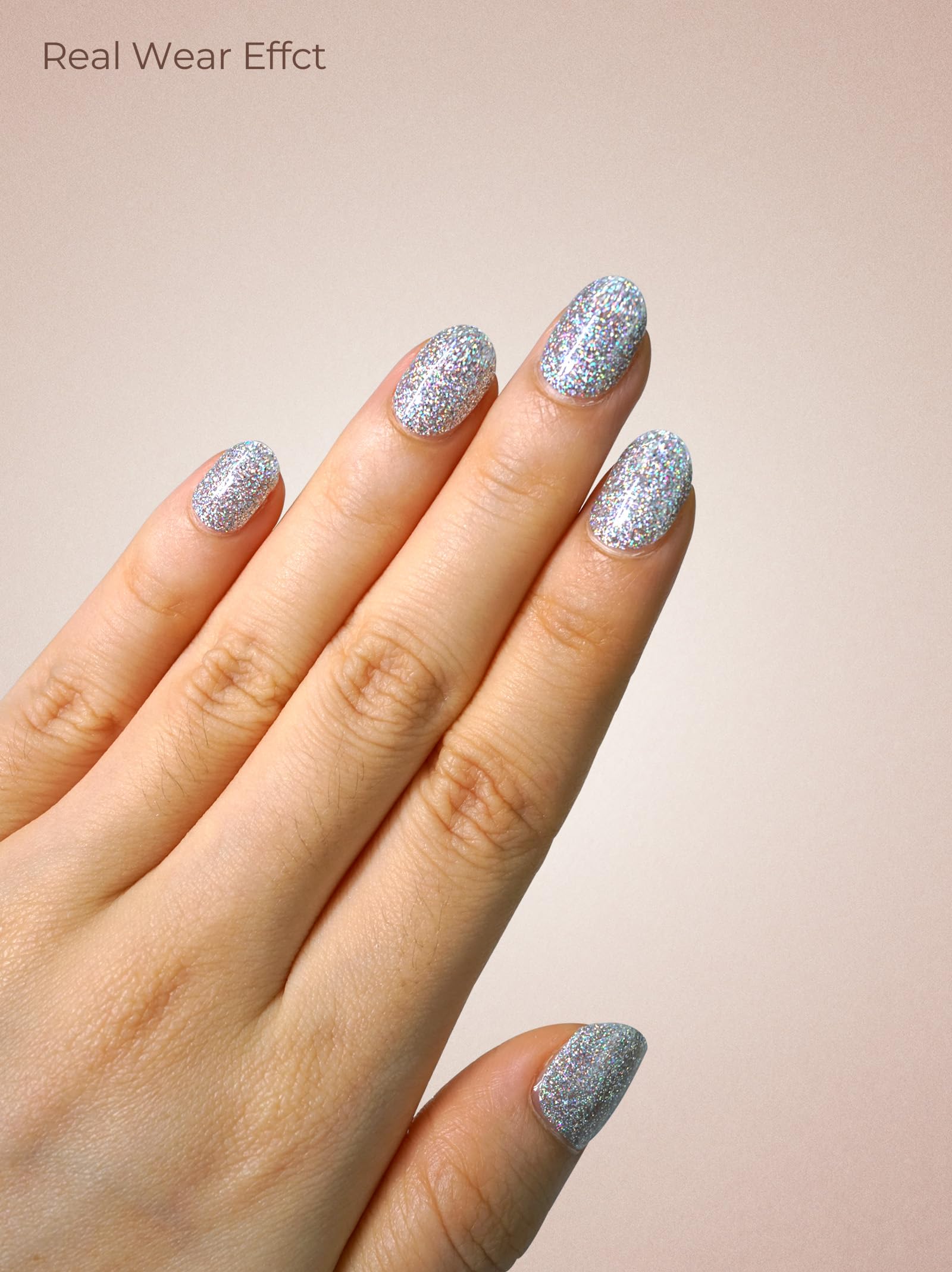 Beaolata Ethereal Silver nail strips applied on nail demonstrating quick, mess-free stick-and-go use.