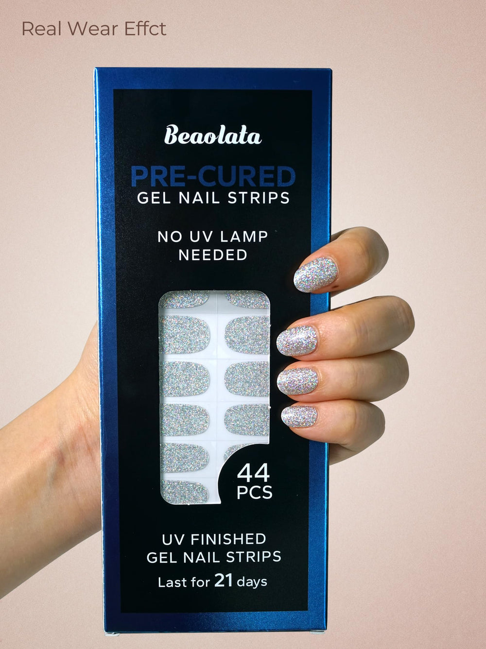 Beaolata Ethereal Silver packaging shows 44 strips and tools for easy manicure.