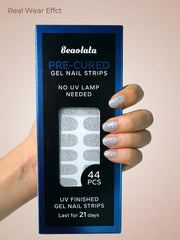 Beaolata Ethereal Silver packaging shows 44 strips and tools for easy manicure.