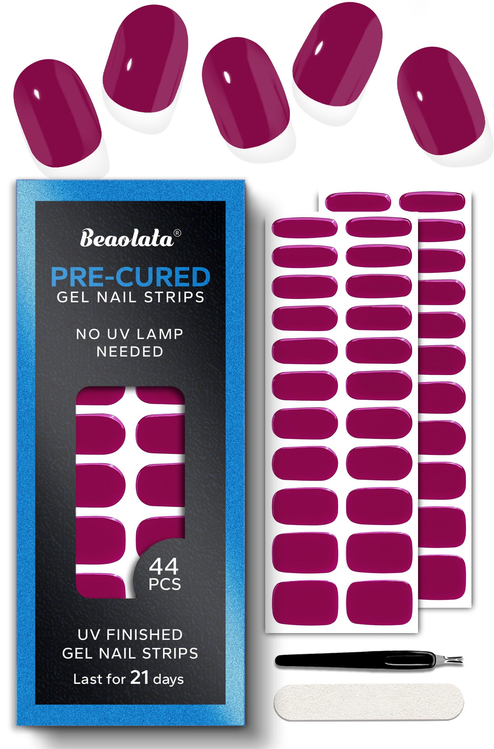 Beaolata Tropical Pink packaging shows 44 pre-cured gel nail strips for at-home use.