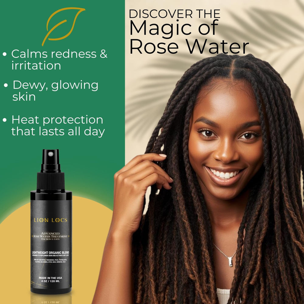 Beard Gains Rosewater mist on locs for frizz control and smoother appearance.
