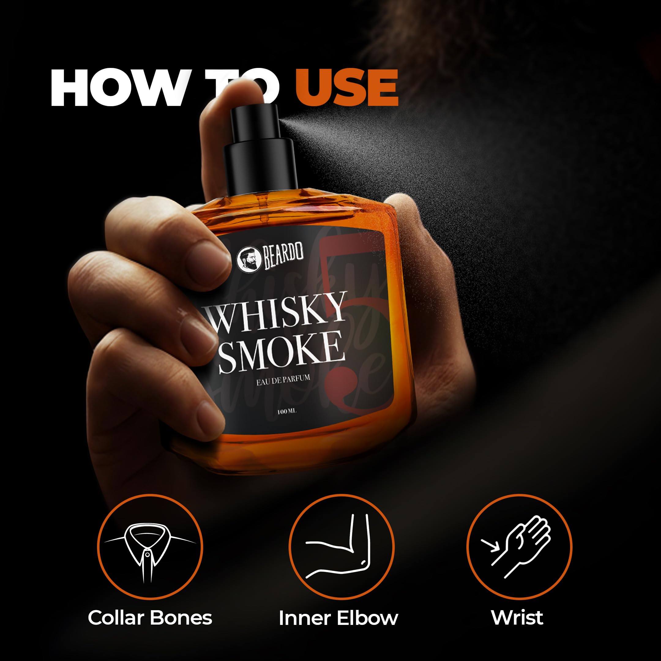 Beardo Whisky Smoke close-up on bottle reveals luxurious fragrance expression.