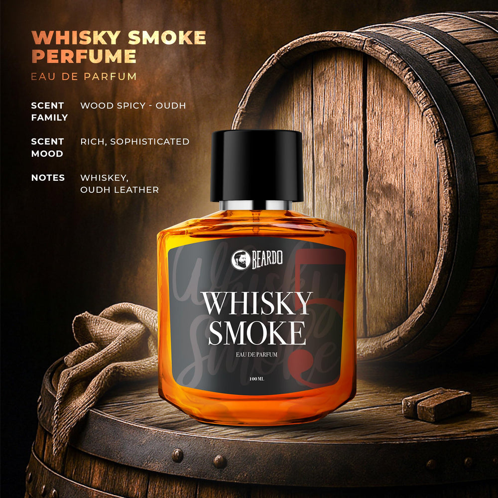 Beardo Whisky Smoke bottle shows tobacco and vanilla accents for evening wear.