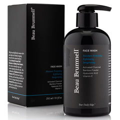 Beau Brummell charcoal face wash bottle pour shows detox-ready cleansing for daily use