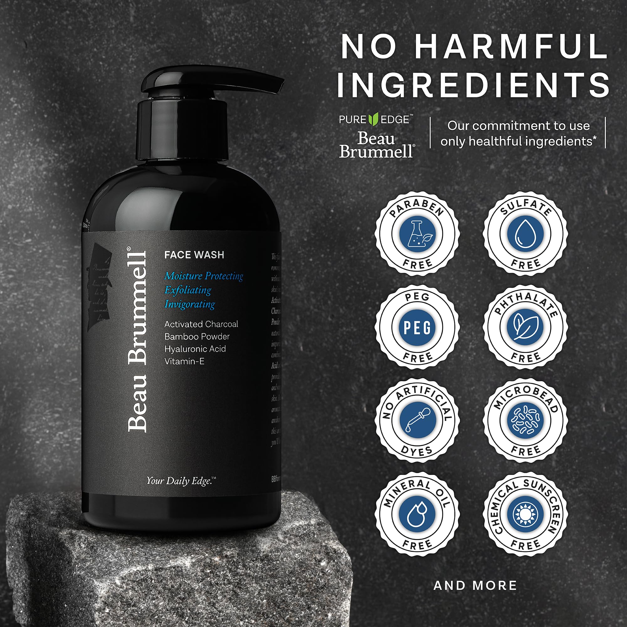 Beau Brummell charcoal face wash bottle-usa-made emphasizes reliable daily cleansing