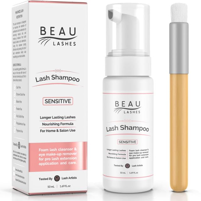 Beau Lashes eyelash cleanser foam bottle shows gentle oil-free cleaning for extensions