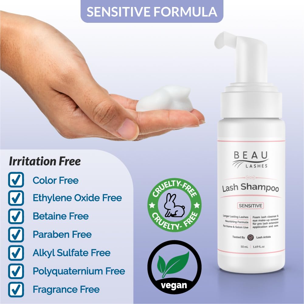 Beau Lashes lash-extension cleanser-lather close-up demonstrates residue removal for clean lashes
