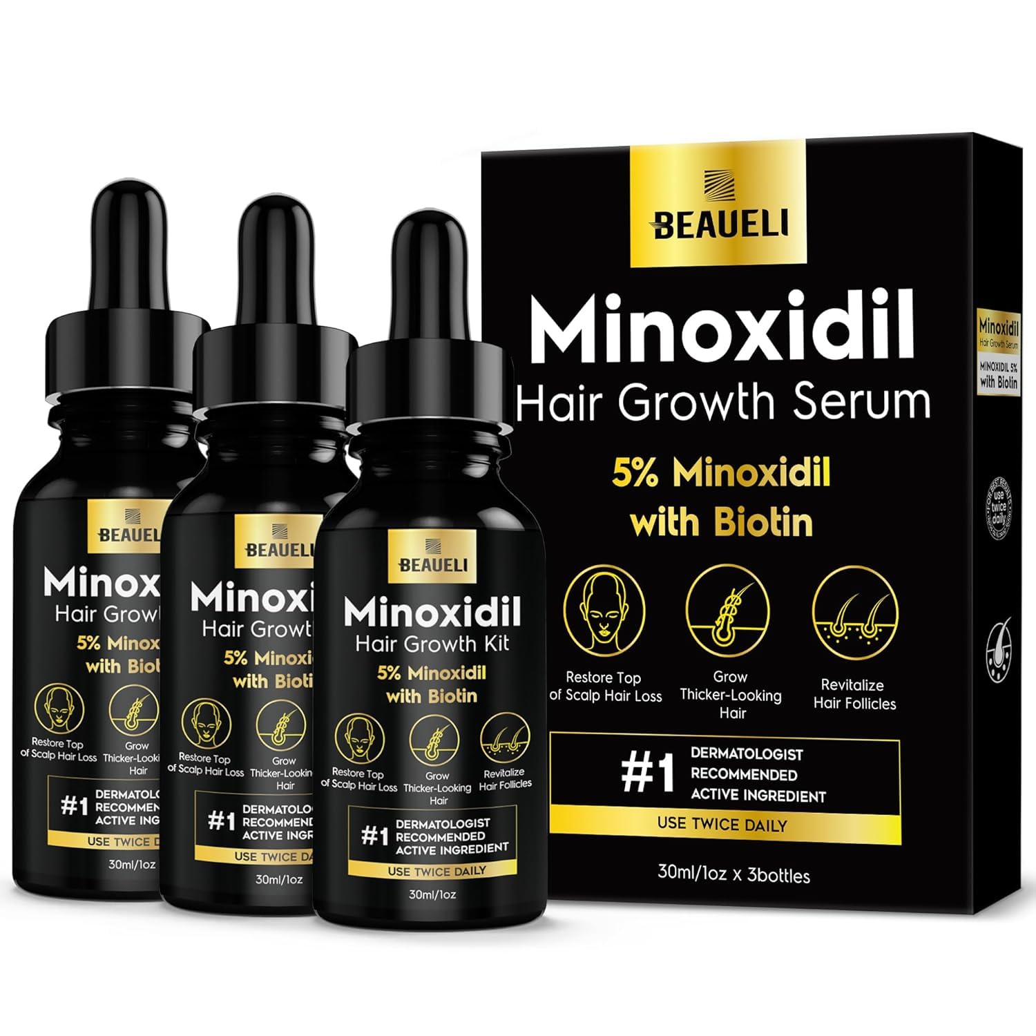 Beaueli 5% Minoxidil bottle ready for easy application to thinning areas.