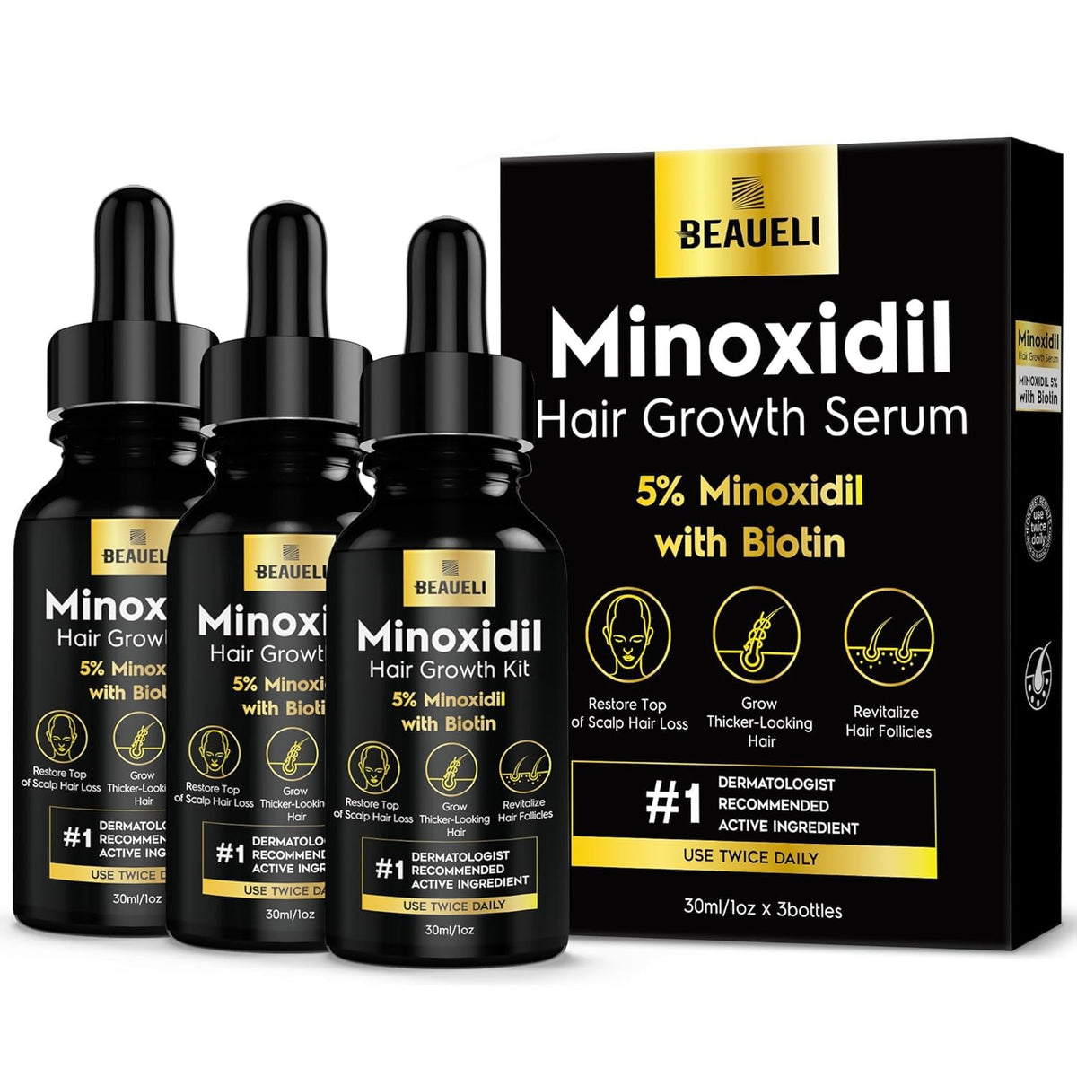 Beaueli 5% Minoxidil bottle ready for easy application to thinning areas.