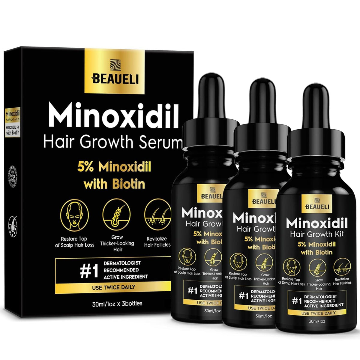 Beaueli 5% Minoxidil bottle shows unisex formula for thinning hair