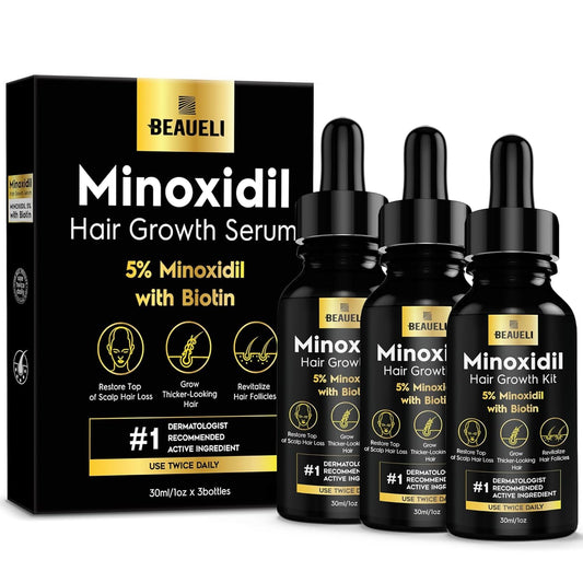 Beaueli 5% Minoxidil bottle shows unisex formula for thinning hair