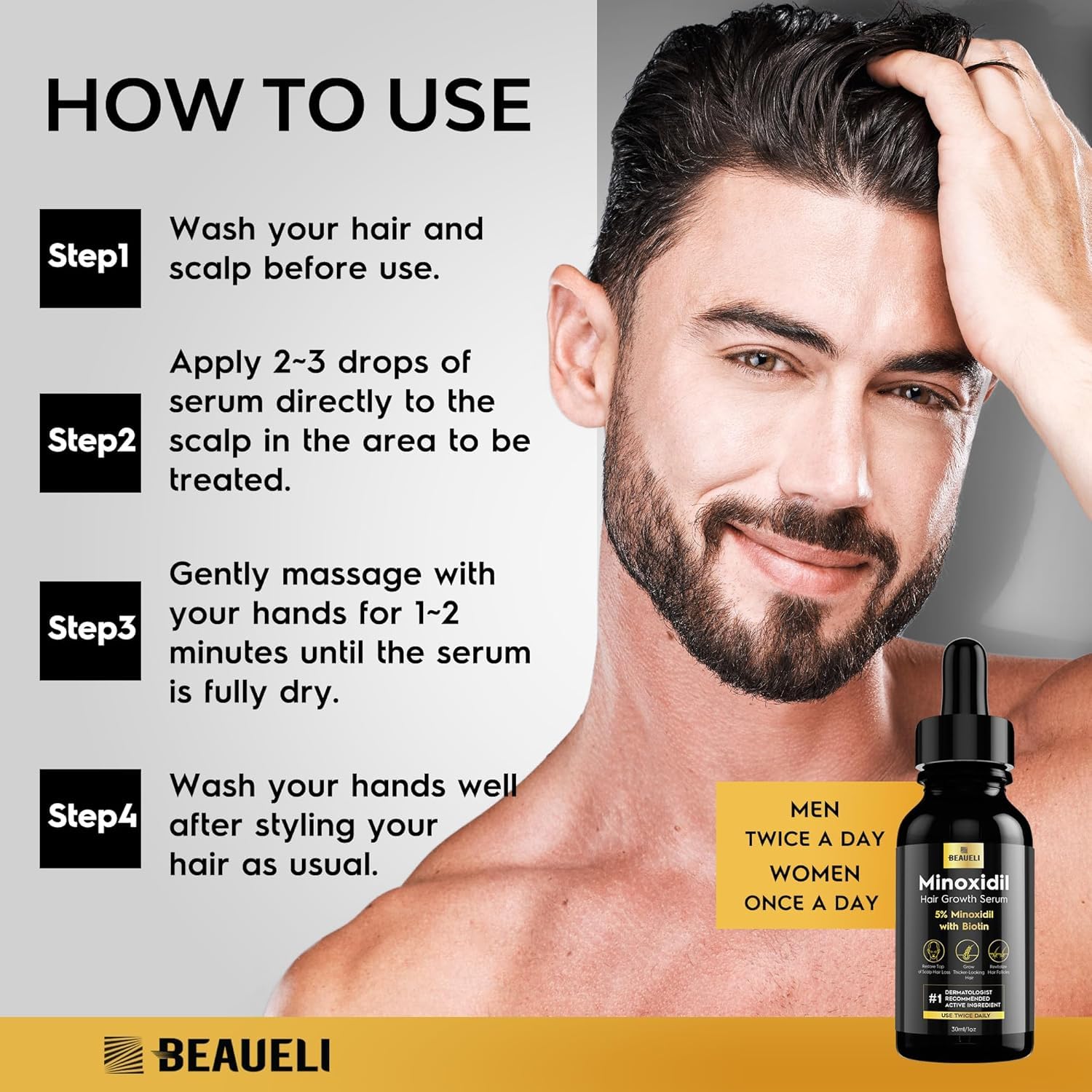 Beaueli biotin-infused serum nourishes thinning strands.