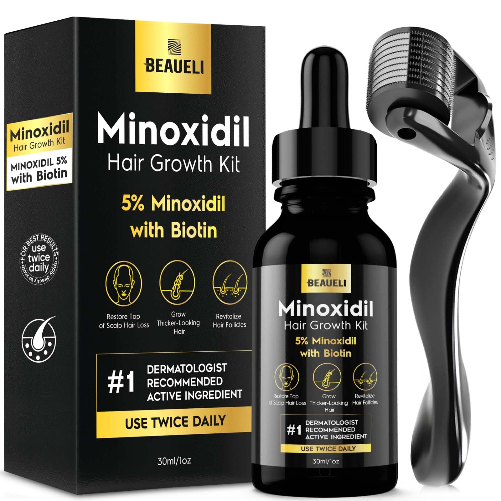 Beaueli Minoxidil beard kit bottle for precise application and growth support