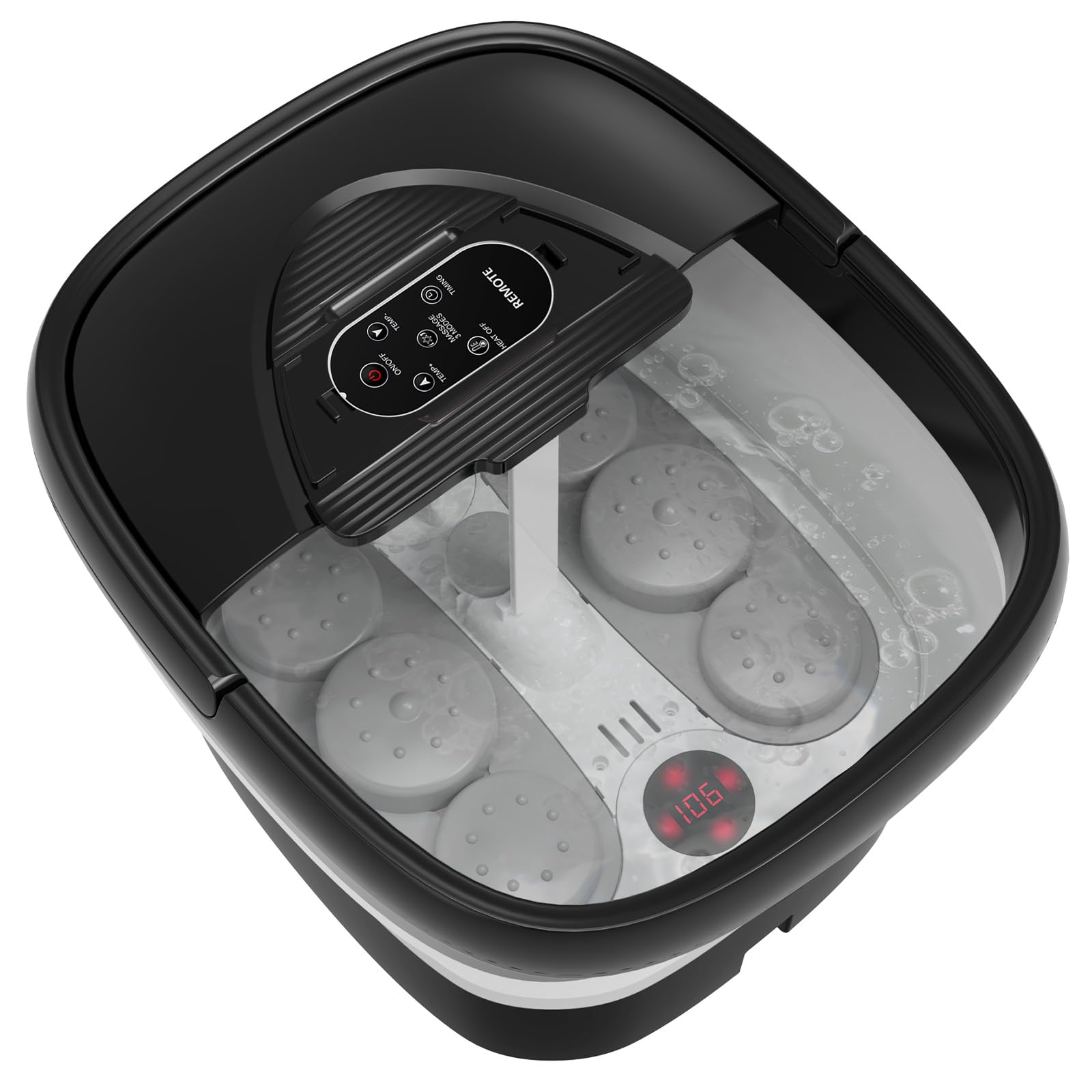 Beaumoi collapsible foot spa remote control for convenient adjustments.