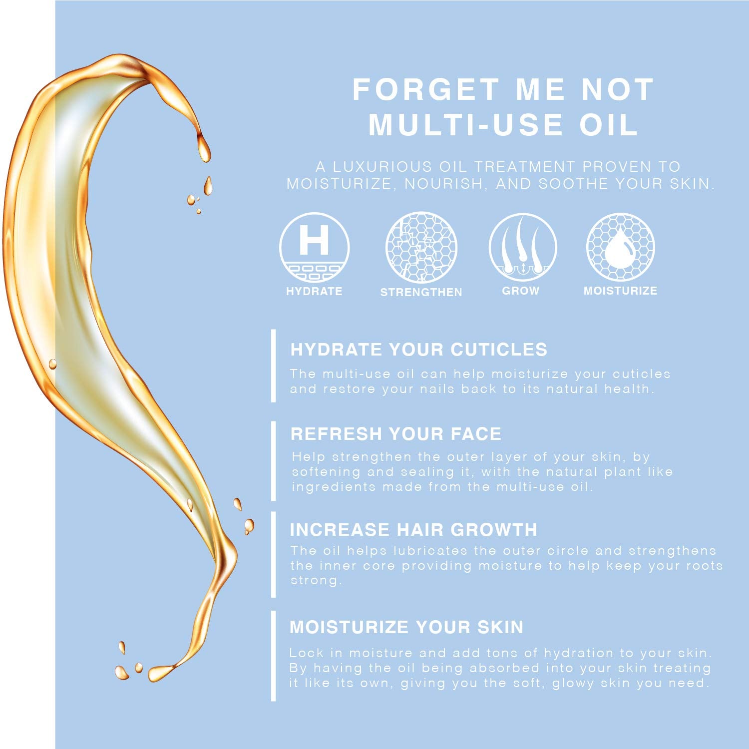 Luxurious texture of BEAUTE DE PROVENCE Forget Me Not oil offers silky, non-greasy skin feel.