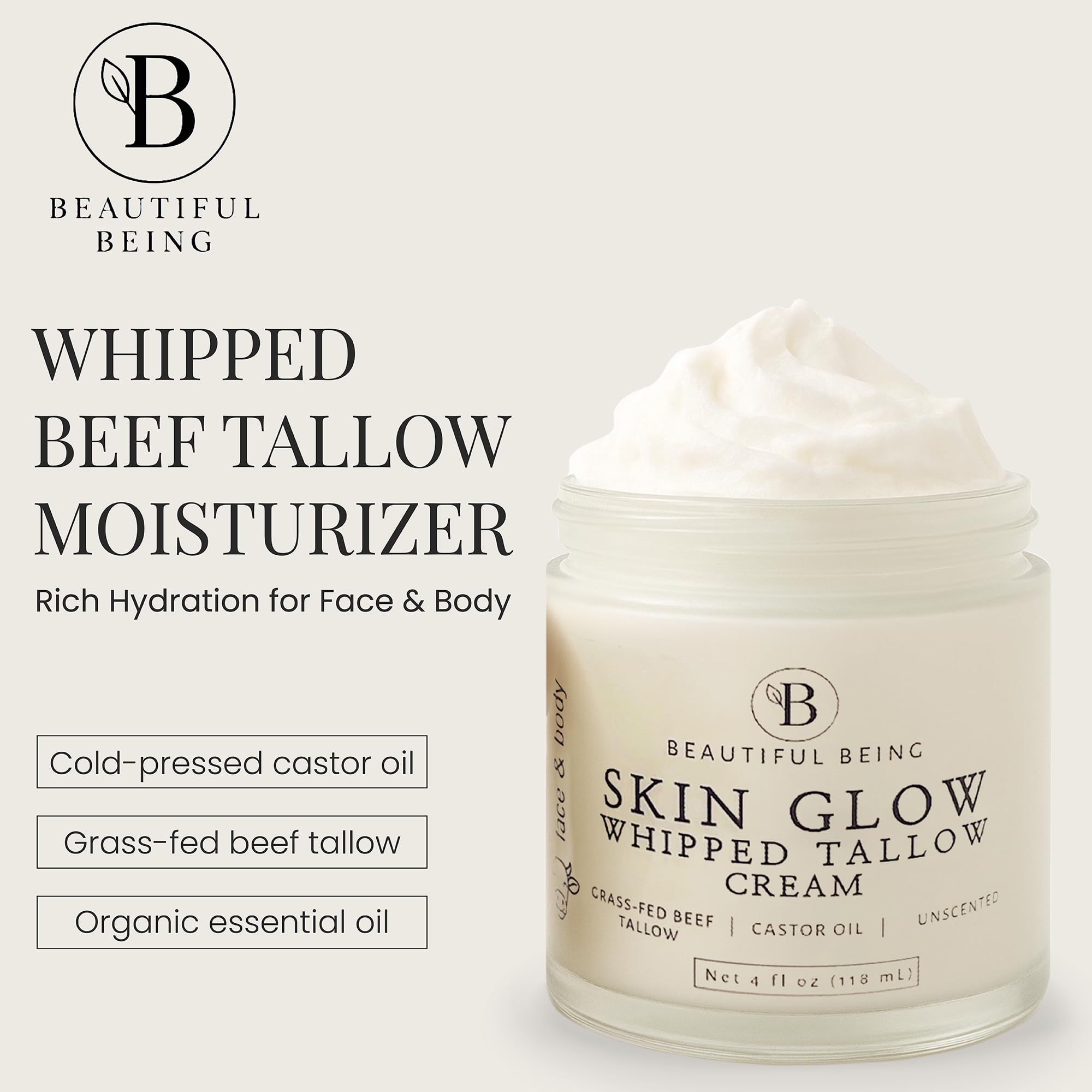 Beautiful Being Skin Glow on the face demonstrating smooth absorption for sensitive skin.